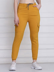 Yellow Twill Lycra Women Cargo Pant-2787
