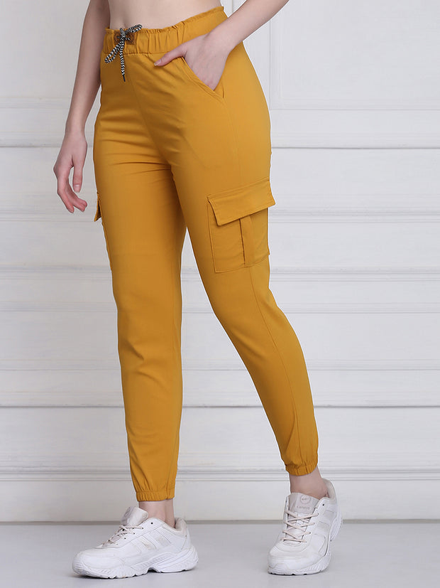 Yellow Twill Lycra Women Cargo Pant-2787