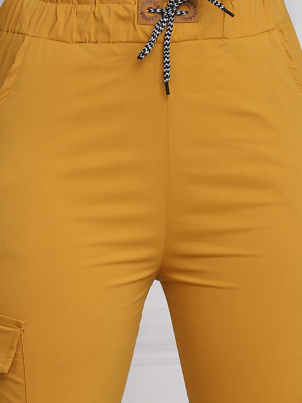 Yellow Twill Lycra Women Cargo Pant-2787