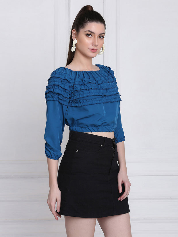 Blue Stretchable Crepe Frill Crop Top-2766