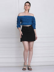 Blue Stretchable Crepe Frill Crop Top-2766
