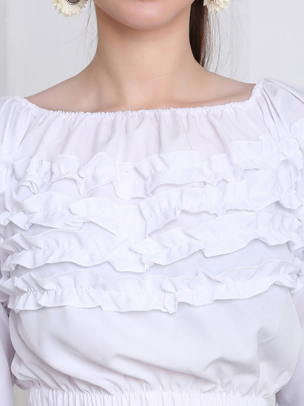 White Stretchable Crepe Frill Crop Top-2771