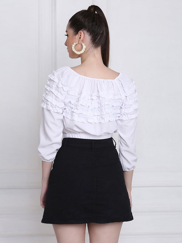 White Stretchable Crepe Frill Crop Top-2771