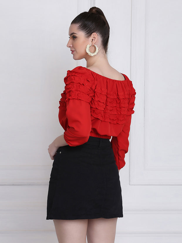 Red Stretchable Crepe Frill Crop Top-2770