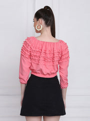 Pink Stretchable Crepe Frill Crop Top-2769