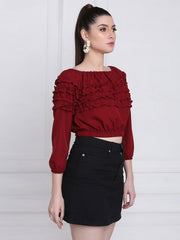 Maroon Stretchable Crepe Frill Crop Top-2768
