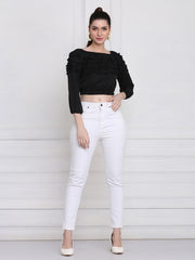 Black Stretchable Crepe Frill Crop Top-2767