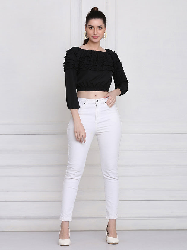 Black Stretchable Crepe Frill Crop Top-2767