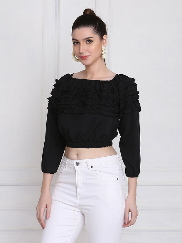Black Stretchable Crepe Frill Crop Top-2767