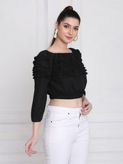 Black Stretchable Crepe Frill Crop Top-2767