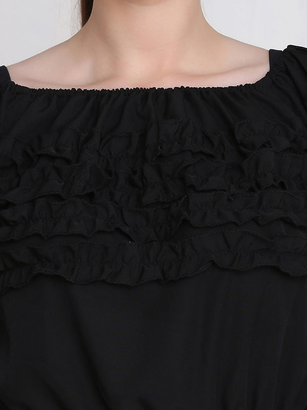 Black Stretchable Crepe Frill Crop Top-2767