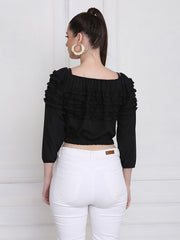 Black Stretchable Crepe Frill Crop Top-2767