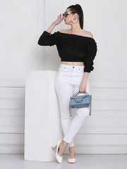 Black Stretchable Crepe Frill Crop Top-2767