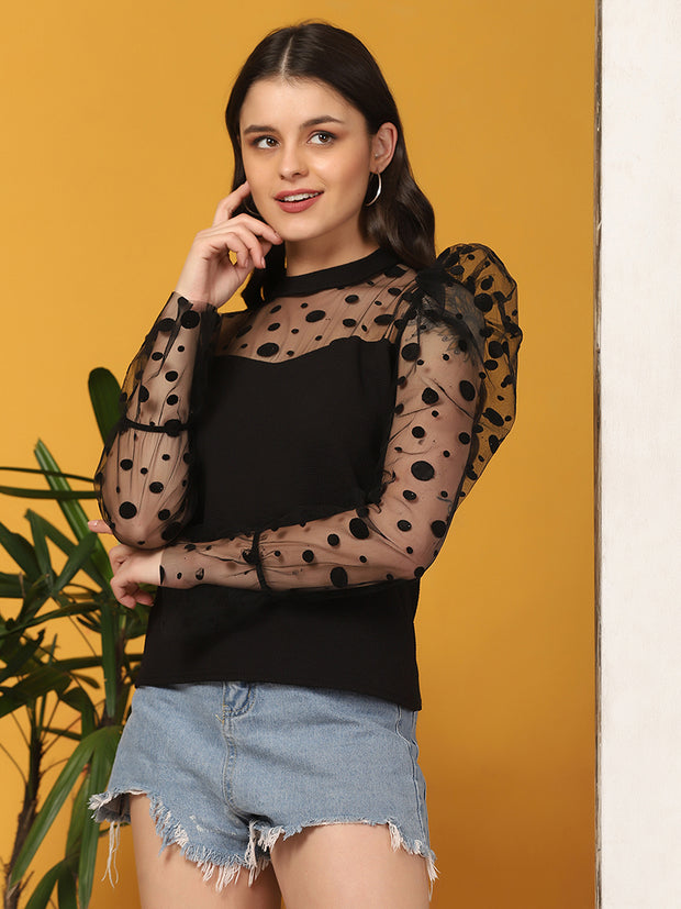 Black Carrera Polka Dot Puff Sleeve Net Top-2718