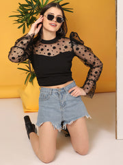 Black Carrera Polka Dot Puff Sleeve Net Top-2718