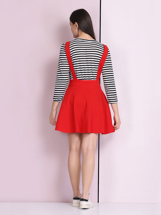 Red Cotton Lycra Solid Pinafore Skirt-2636
