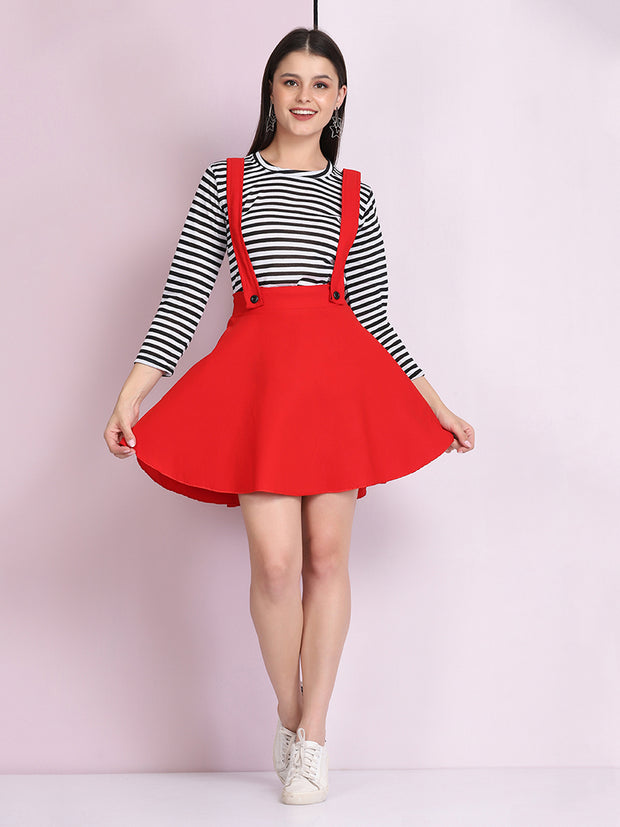 Red Cotton Lycra Solid Pinafore Skirt-2636