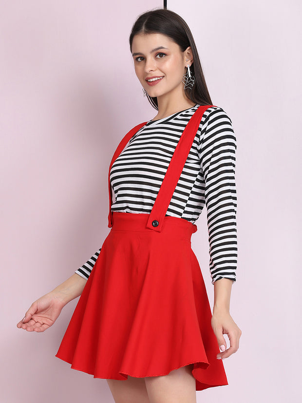 Red Cotton Lycra Solid Pinafore Skirt-2636