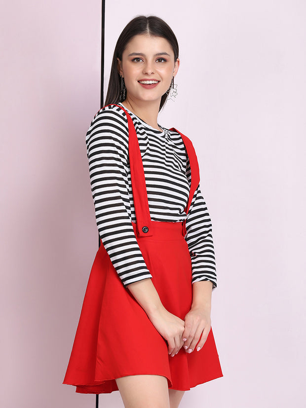 Red Cotton Lycra Solid Pinafore Skirt-2636