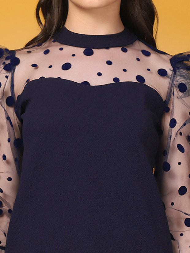 Navy Carrera Polka Dot Puff Sleeve Net Top-2716