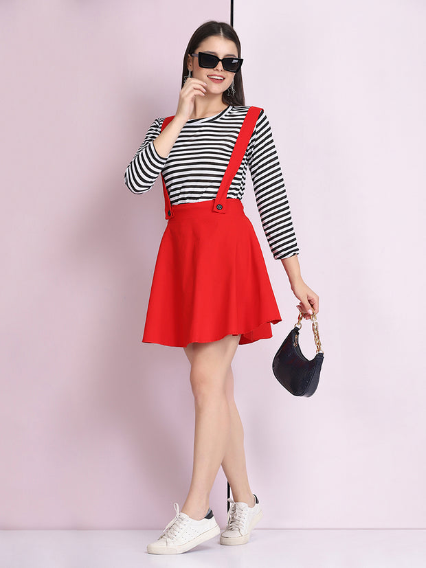 Red Cotton Lycra Solid Pinafore Skirt-2636