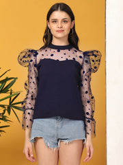 Navy Carrera Polka Dot Puff Sleeve Net Top-2716