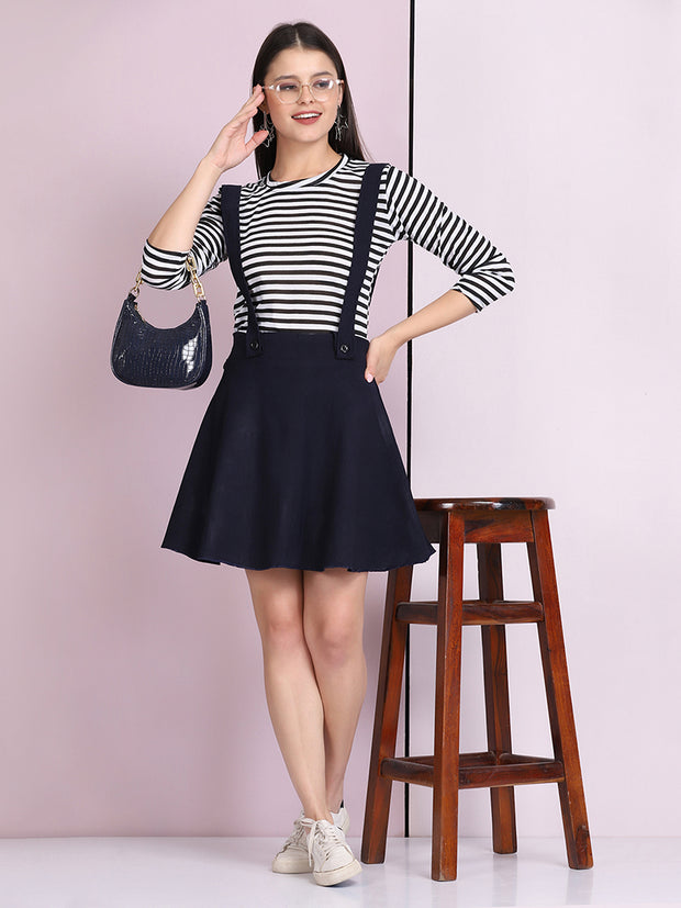 Navy Cotton Lycra Solid Pinafore Skirt-2638