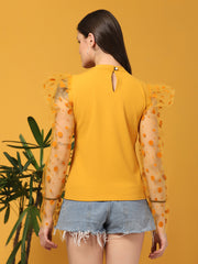 Yellow Carrera Polka Dot Puff Sleeve Net Top-2717