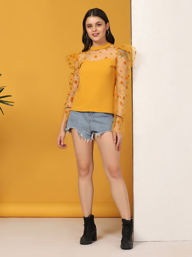 Yellow Carrera Polka Dot Puff Sleeve Net Top-2717