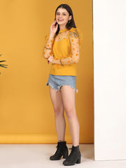 Yellow Carrera Polka Dot Puff Sleeve Net Top-2717