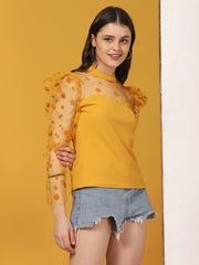 Yellow Carrera Polka Dot Puff Sleeve Net Top-2717