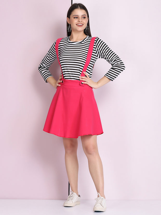 Pink Cotton Lycra Solid Pinafore Skirt-2634