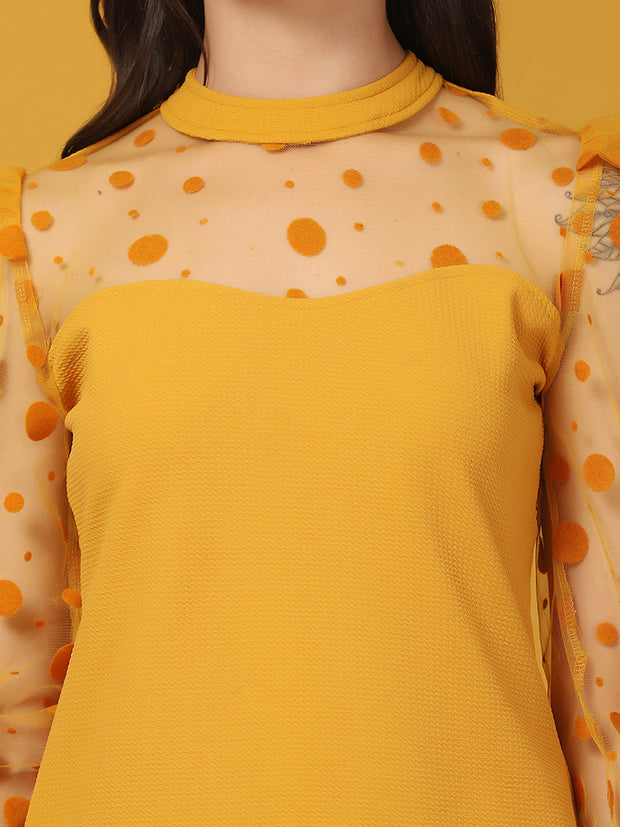 Yellow Carrera Polka Dot Puff Sleeve Net Top-2717