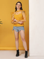 Yellow Carrera Polka Dot Puff Sleeve Net Top-2717