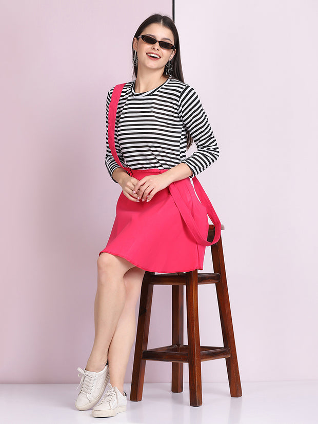 Pink Cotton Lycra Solid Pinafore Skirt-2634