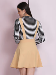 Beige Cotton Lycra Solid Pinafore Skirt-2635