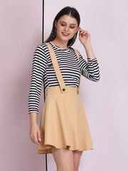 Beige Cotton Lycra Solid Pinafore Skirt-2635