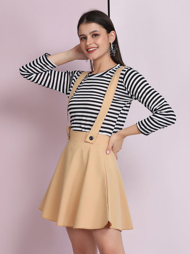 Beige Cotton Lycra Solid Pinafore Skirt-2635