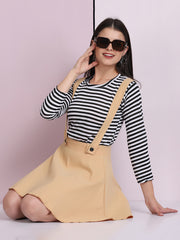 Beige Cotton Lycra Solid Pinafore Skirt-2635