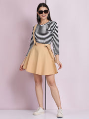 Beige Cotton Lycra Solid Pinafore Skirt-2635