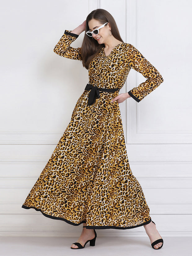 Yellow Leopard Print Maxi Women Dress-2761