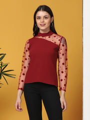 Maroon Carrera Polka Dot Long Sleeve Net Top-2714