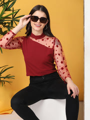 Maroon Carrera Polka Dot Long Sleeve Net Top-2714