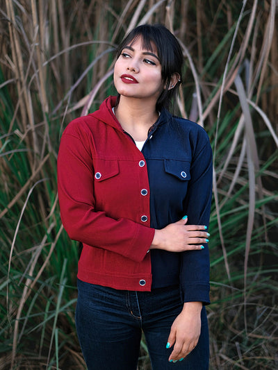 Cotton Lycra Maroon And Navy Buttoned Jacket With Hoodie-2494