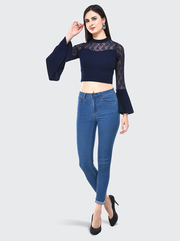 Navy Flared Fashion Sleeve Carrera Lace Top-2056