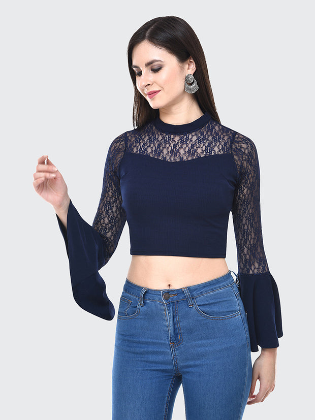 Navy Flared Fashion Sleeve Carrera Lace Top-2056