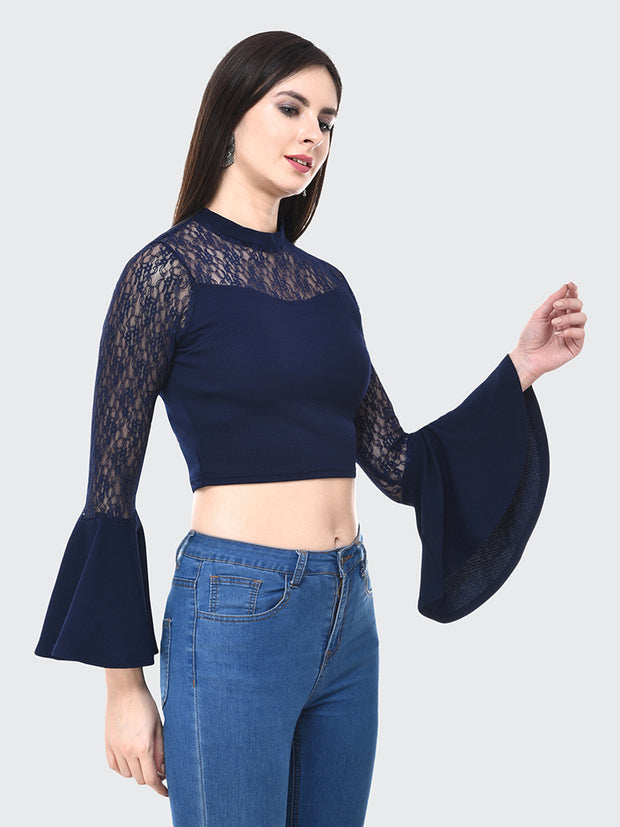 Navy Flared Fashion Sleeve Carrera Lace Top-2056