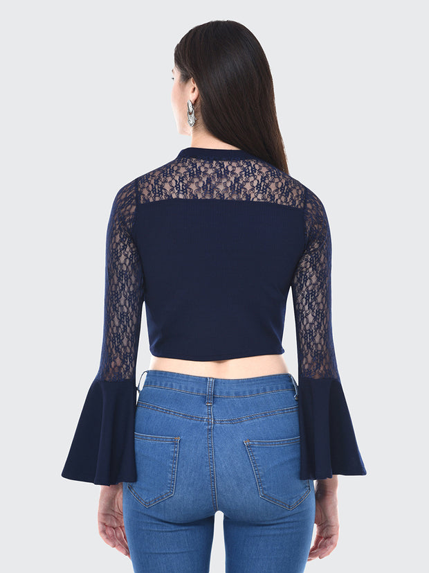 Navy Flared Fashion Sleeve Carrera Lace Top-2056