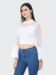 White Flared Fashion Sleeve Carrera Lace Top-2058