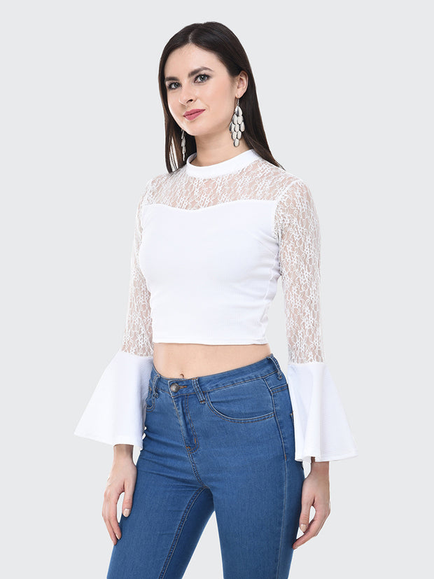 White Flared Fashion Sleeve Carrera Lace Top-2058